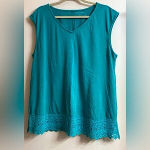Coldwater Creek Top Womens Washed Teal Sleeveless Tank V Neck Lace Hem sz XL.